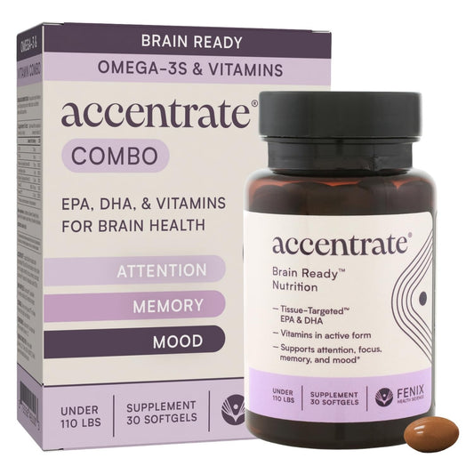 Accentrate brain supplement bottle with omega-3 for kids, designed to support focus and mood.