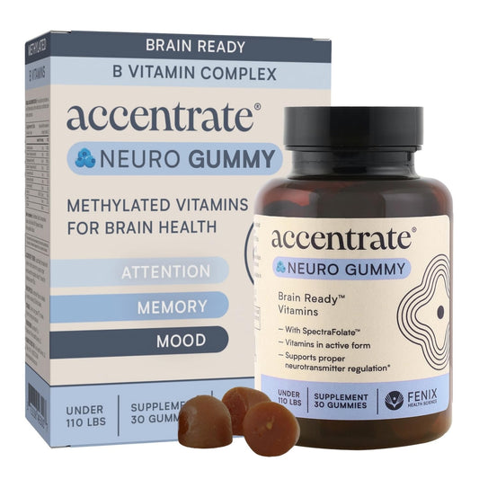 Accentrate Neuro Gummy blueberry-lemon bottle shows kid-friendly focus support