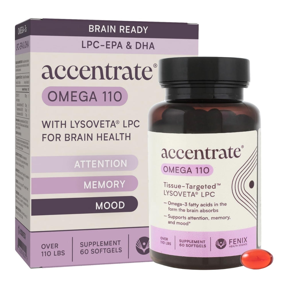 Accentrate Omega 110 bottle front label highlights LYSOVETA LPC-DHA for brain support.