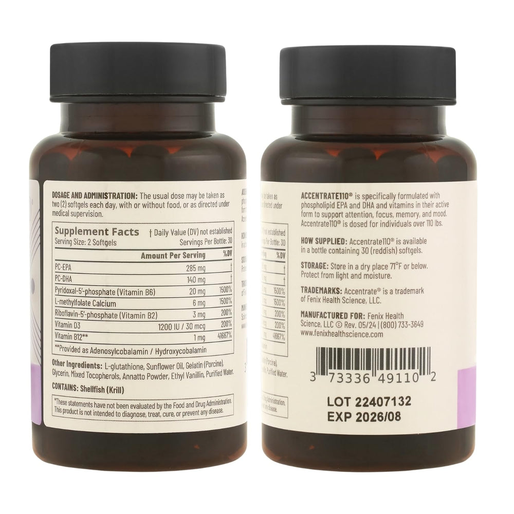 Accentrate110 nutrition-label view emphasizes convenient daily dose.
