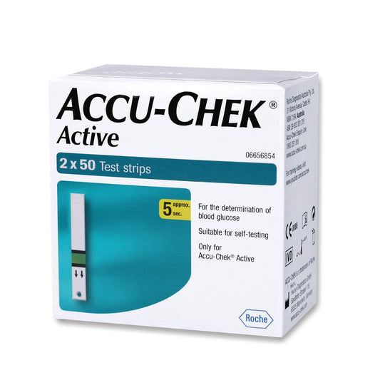 Accu-Chek Active strips 100-pack front view for reliable testing with small samples.