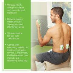 AccuRelief TENS pads connected to skin enabling dual-channel therapy.
