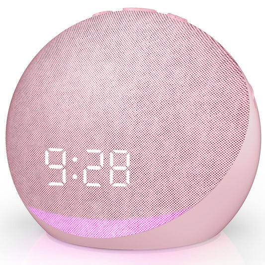 Acedeck Pink Sound Machine Alarm Clock on nightstand, soothing nights and gentle wake