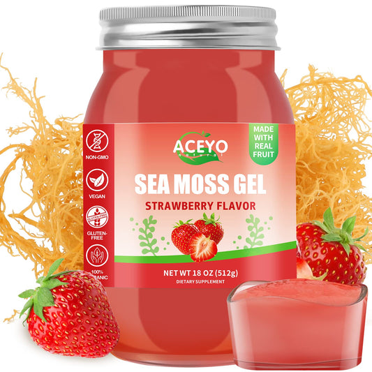 ACEYO Irish Sea Moss Gel strawberry jar shows a bold nutrient-rich product