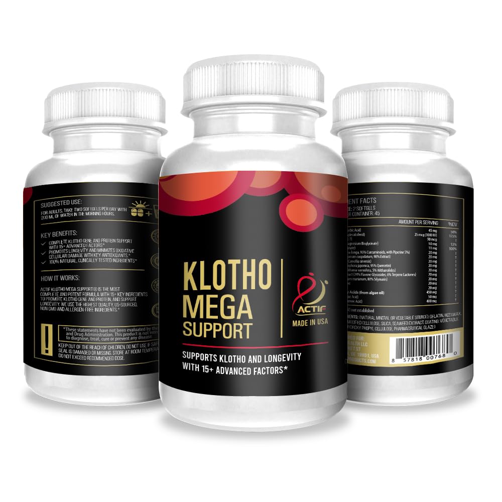 ACTIF Klotho Mega Support bottle with pack showing liver support benefits.