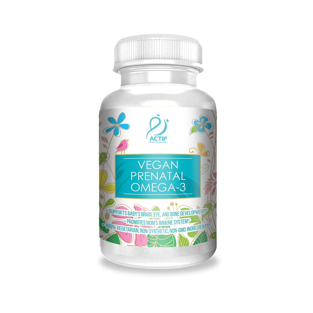 Actif Prenatal Omega-3 bottle with high-strength algae oil supports vegan omega-3 intake during pregnancy.