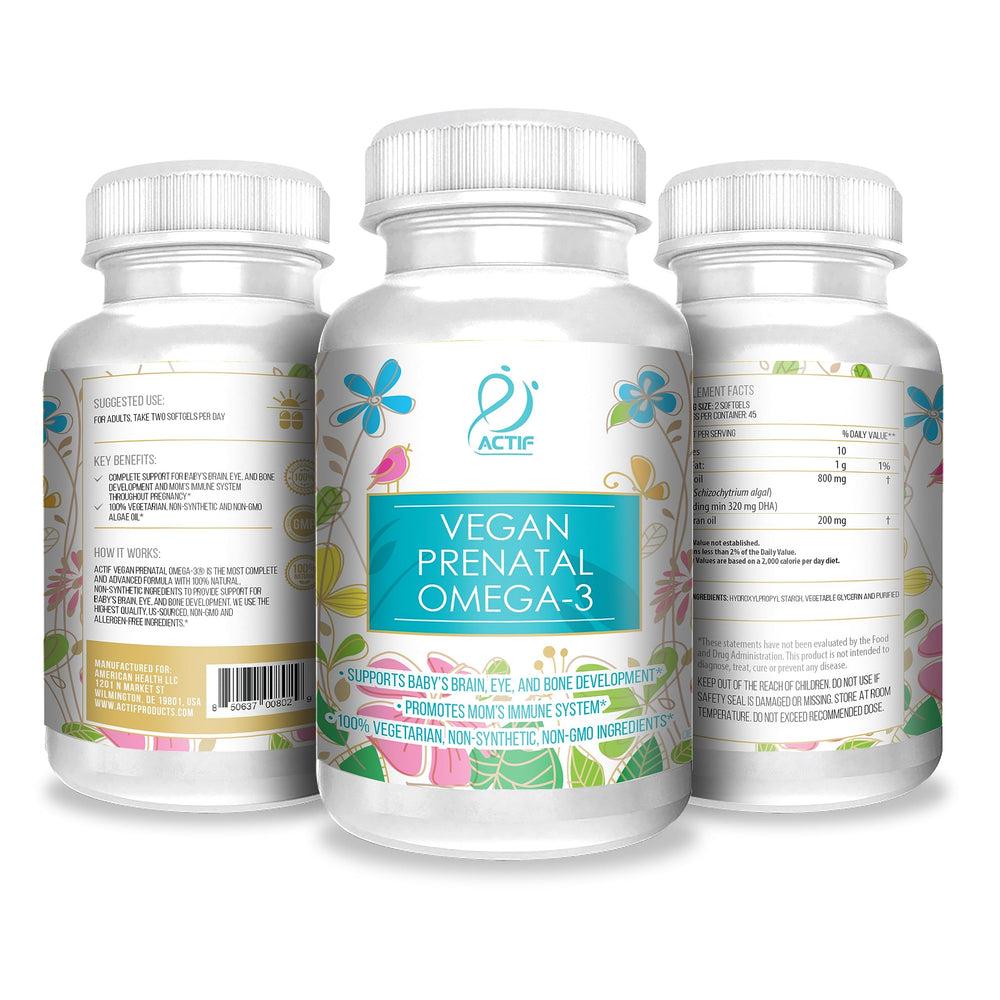 Actif Prenatal Omega-3 packaging emphasizing purity and heavy metals testing.