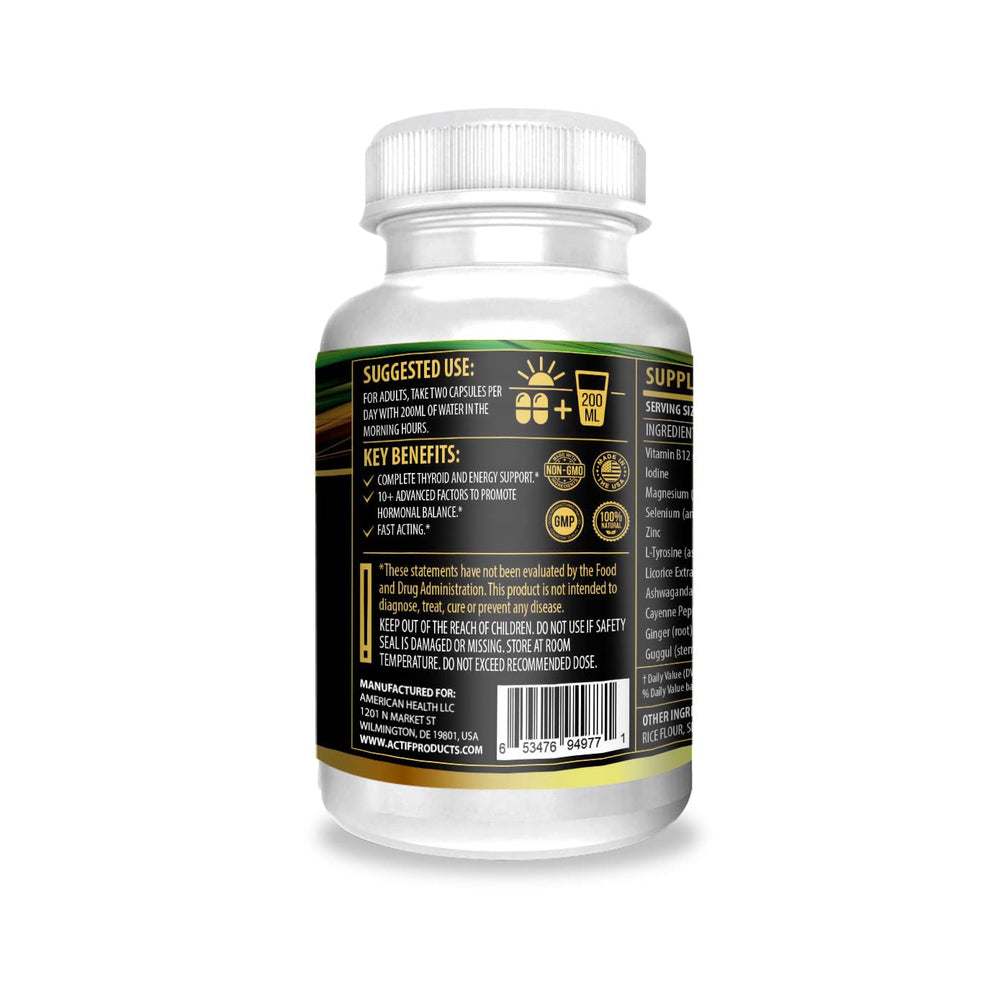ACTIF Thyroid Mega Support bottle ingredients section showing essential nutrients for thyroid health