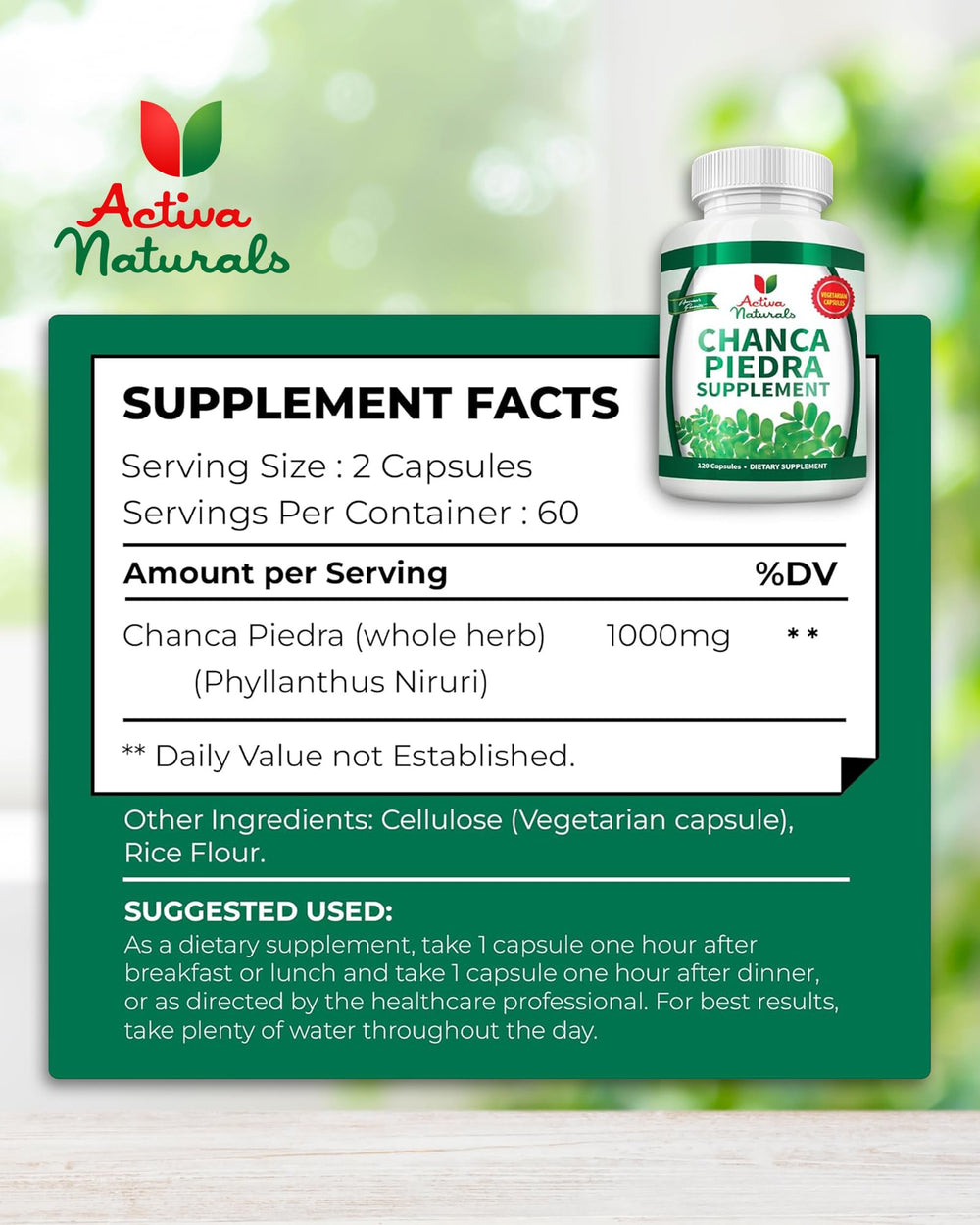 Activa Naturals Chanca Piedra capsules close-up showing easy swallow form