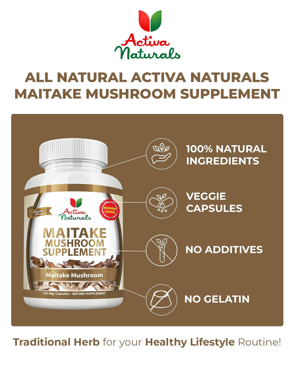 Person taking a Maitake capsule as part of morning routine