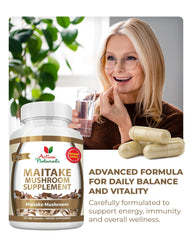 Glass bowl with maitake mushrooms and supplement capsules