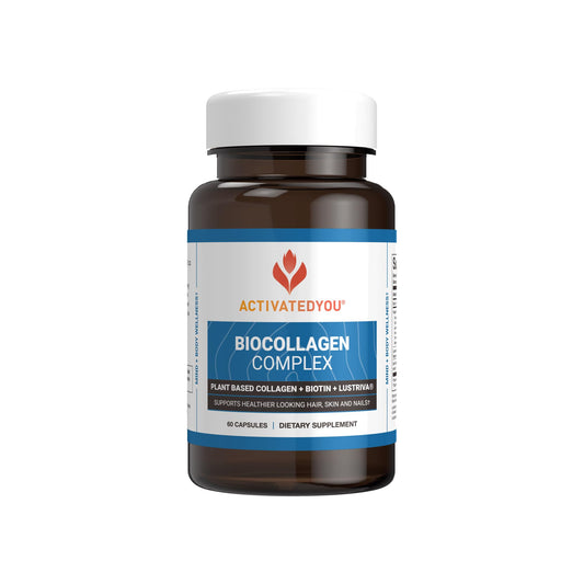ActivatedYou BioCollagen Complex bottle highlights a plant-based formula supporting skin firmness and joint comfort.