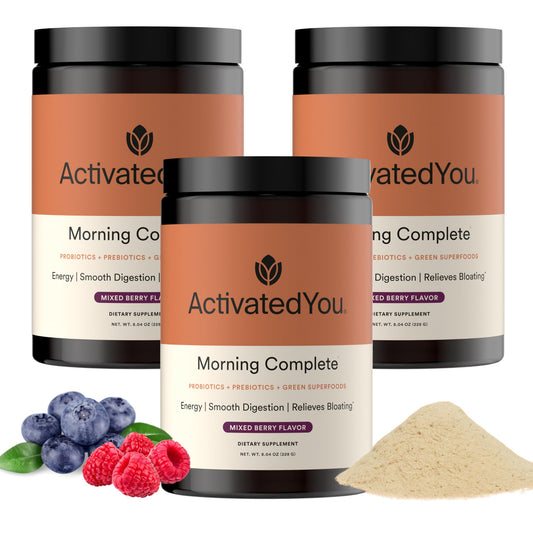 ActivatedYou Morning Complete mixed berry powder tub for a convenient daily greens boost.