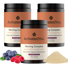 ActivatedYou Morning Complete mixed berry powder tub for a convenient daily greens boost.