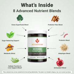 ACTIVATEDYOU Morning Complete label details indicate 10 Billion CFUs and green superfood blend.