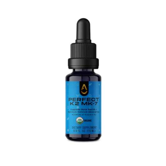 ACTIVATION K2MK7 liquid bottle pour shows calcium guidance toward bones and teeth.