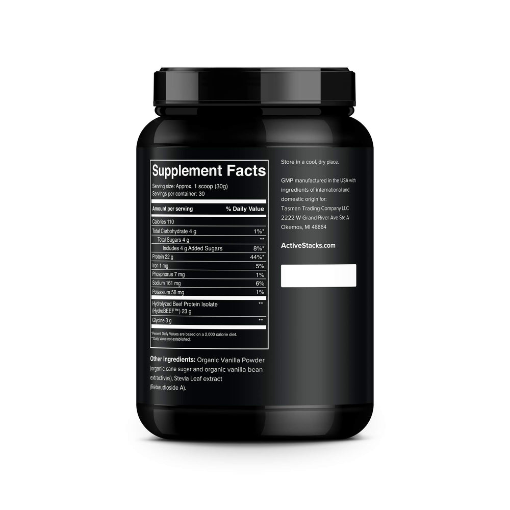Active Stacks beef protein vanilla tub closeup: simple five-ingredient formula with vanilla flavor