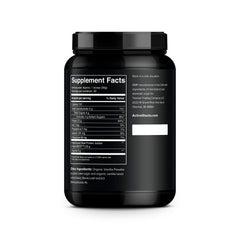 Active Stacks beef protein vanilla tub closeup: simple five-ingredient formula with vanilla flavor