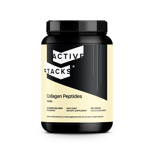 Active Stacks collagen peptides vanilla bottle pour shows convenient serving for daily beauty and recovery.
