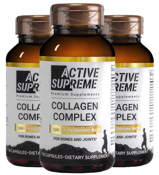Active Supreme Type 2 Collagen bottle highlighting grass-fed formula for joint support.
