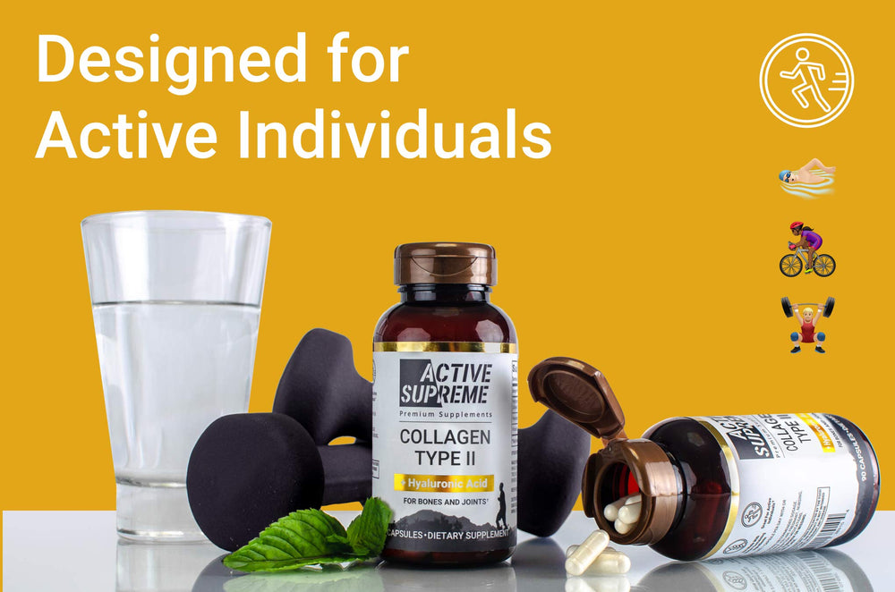 Active Supreme vitamin C label highlighting collagen synthesis support.
