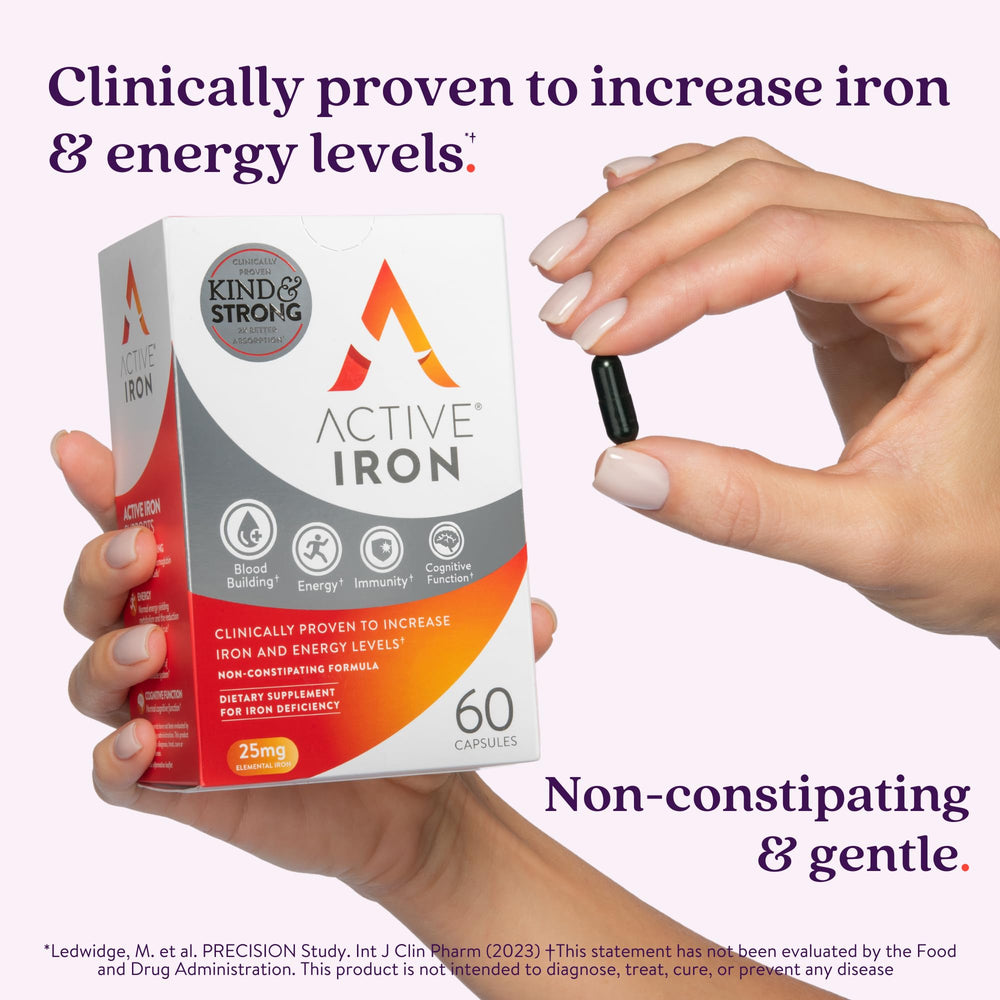 Active Iron capsules rest on a clean surface ready for daily use.