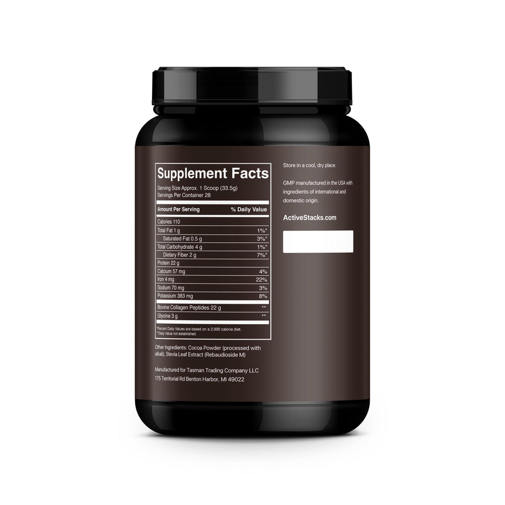 Active Stacks Collagen Chocolate nutrition label on packaging highlighting grass-fed ingredients