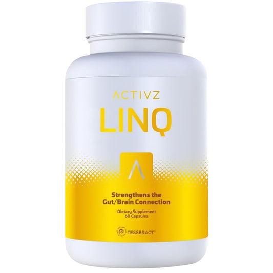 ACTIVZ LINQ bottle and capsules showing brain, gut, and skin support.