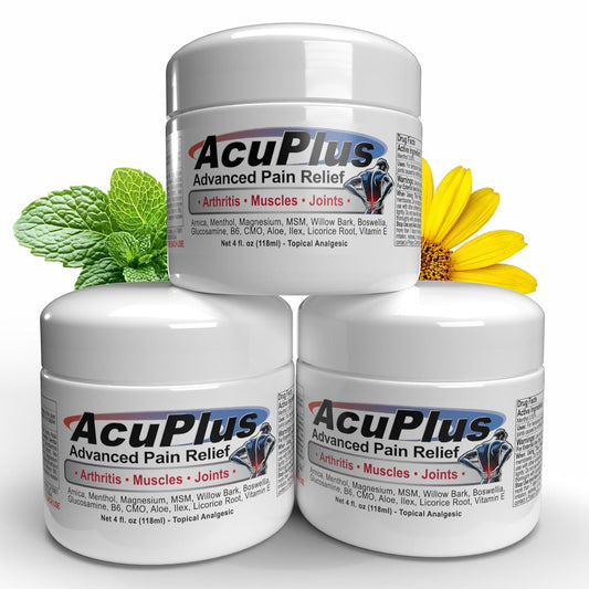 AcuPlus Pain Relief Cream bottle pour shows fast-acting relief for sore muscles.