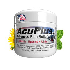 AcuPlus pain relief cream bottle showing fast-acting joint and muscle comfort.
