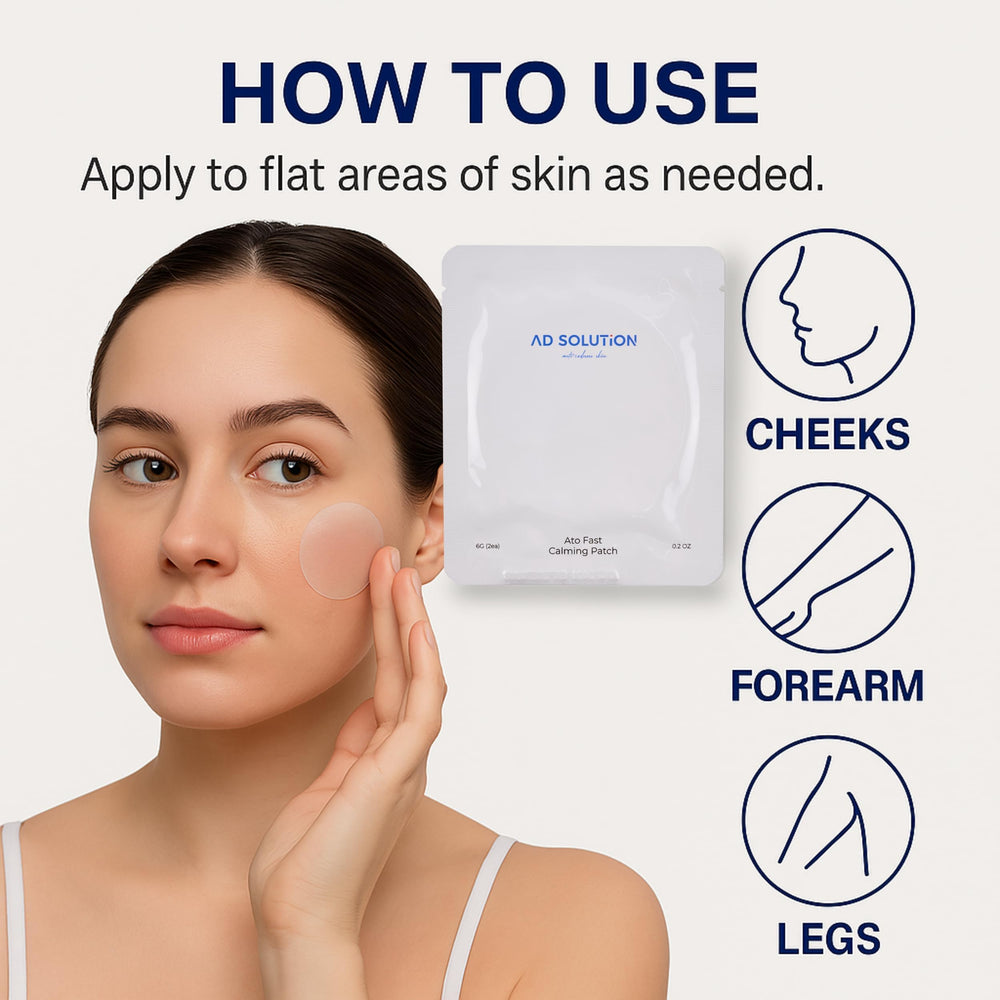 AD SOLUTION ATO Fast Calming cheek patch applied for quick itch relief.