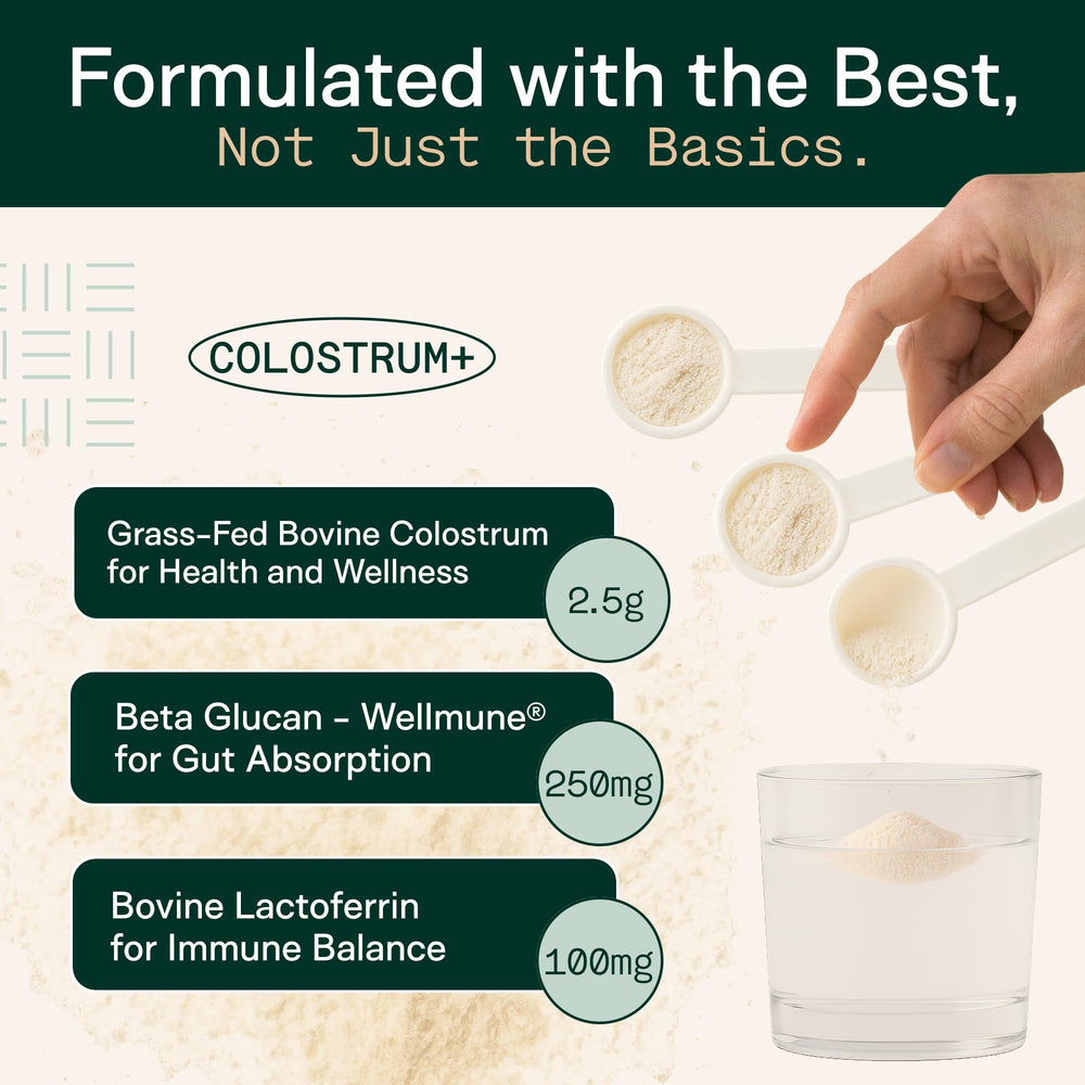 Adapt Naturals Colostrum scoop with powder illustrates easy daily serving.