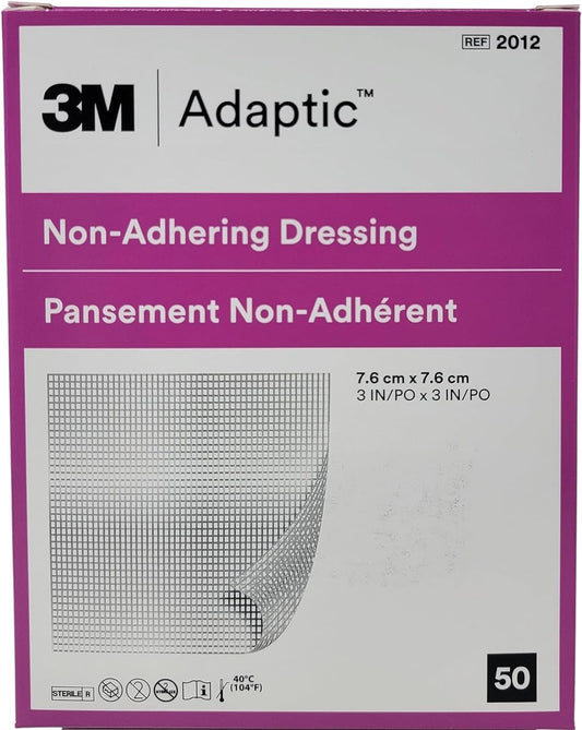 Adaptic non-adherent dressing 3x3 box of 50 highlighting gentle wound protection and easy removal.