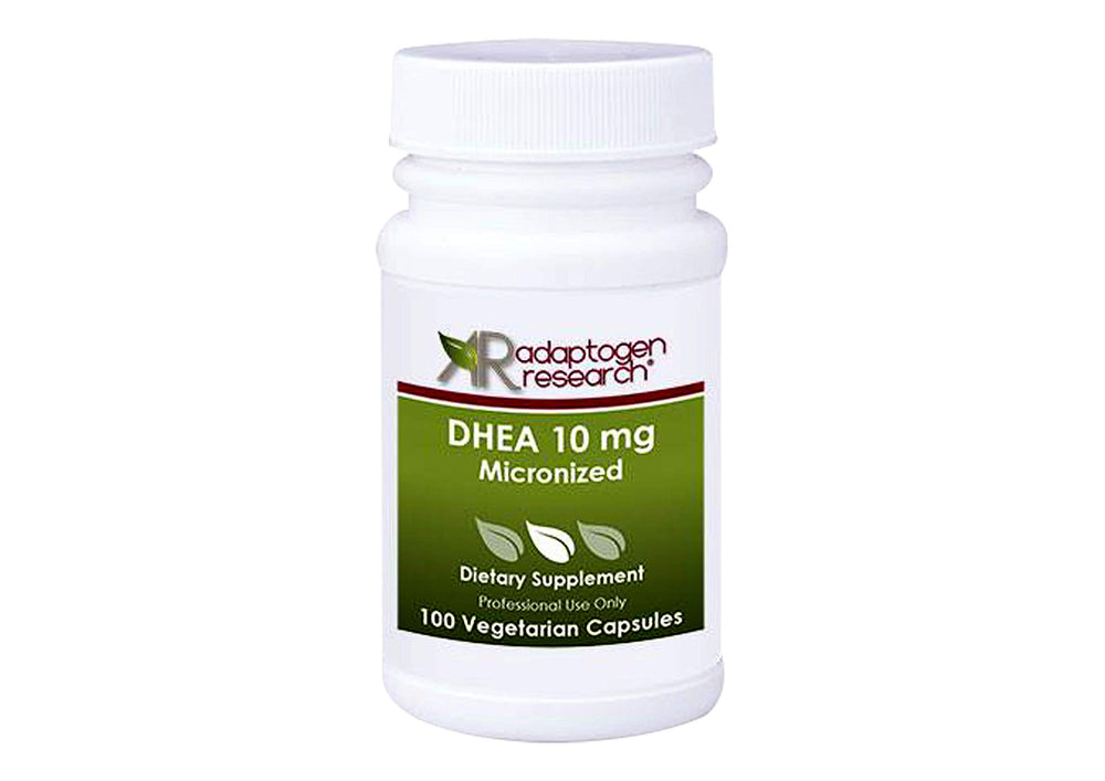 Adaptogen Research DHEA 10mg micronized bottle ready for daily use