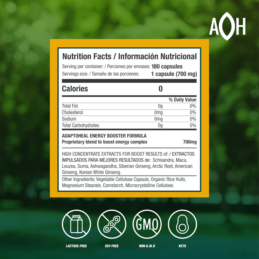 ADAPTOHEAL Energyheal capsules close-up showing herbal blend