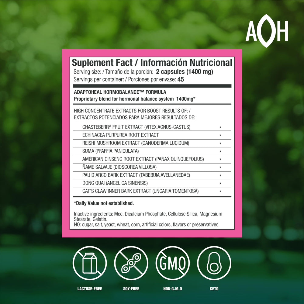 ADAPTOHEAL Hormobalance capsule close-up highlights vegan capsules for balanced wellness
