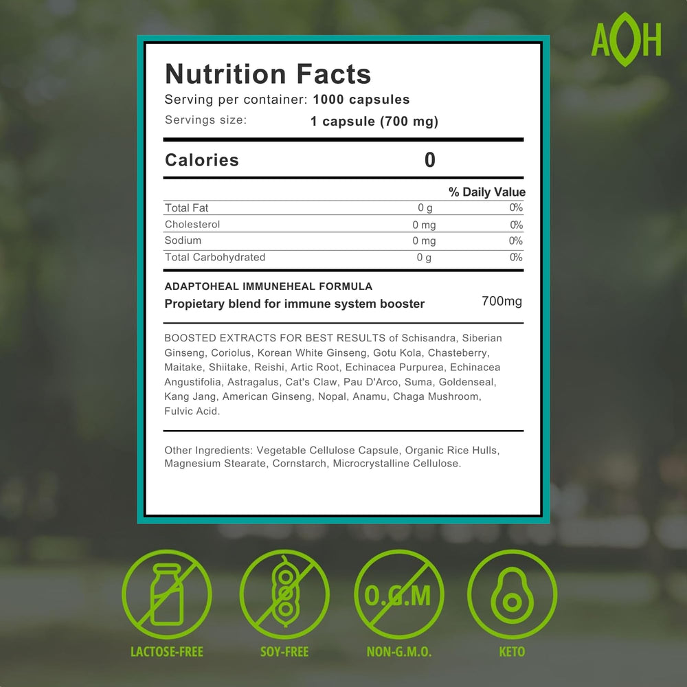 ADAPTOHEAL Immuneheal bottle back shows ingredient details for wellness.