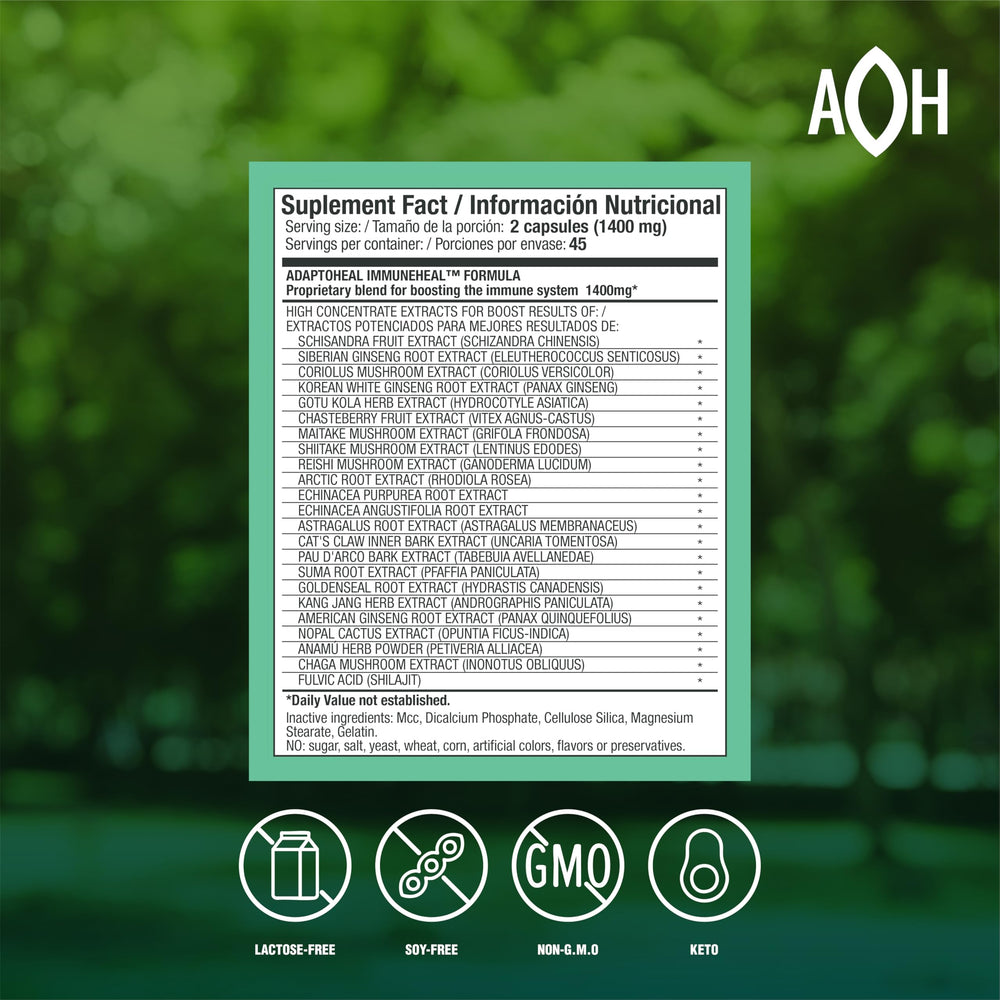 ADAPTOHEAL Immuneheal capsules arranged for convenient daily use.