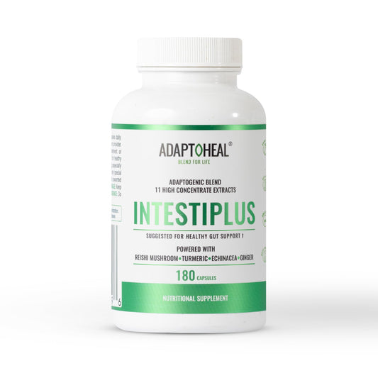 ADAPTOHEAL Intestiplus bottle pour demonstrates easy daily use for gut support.