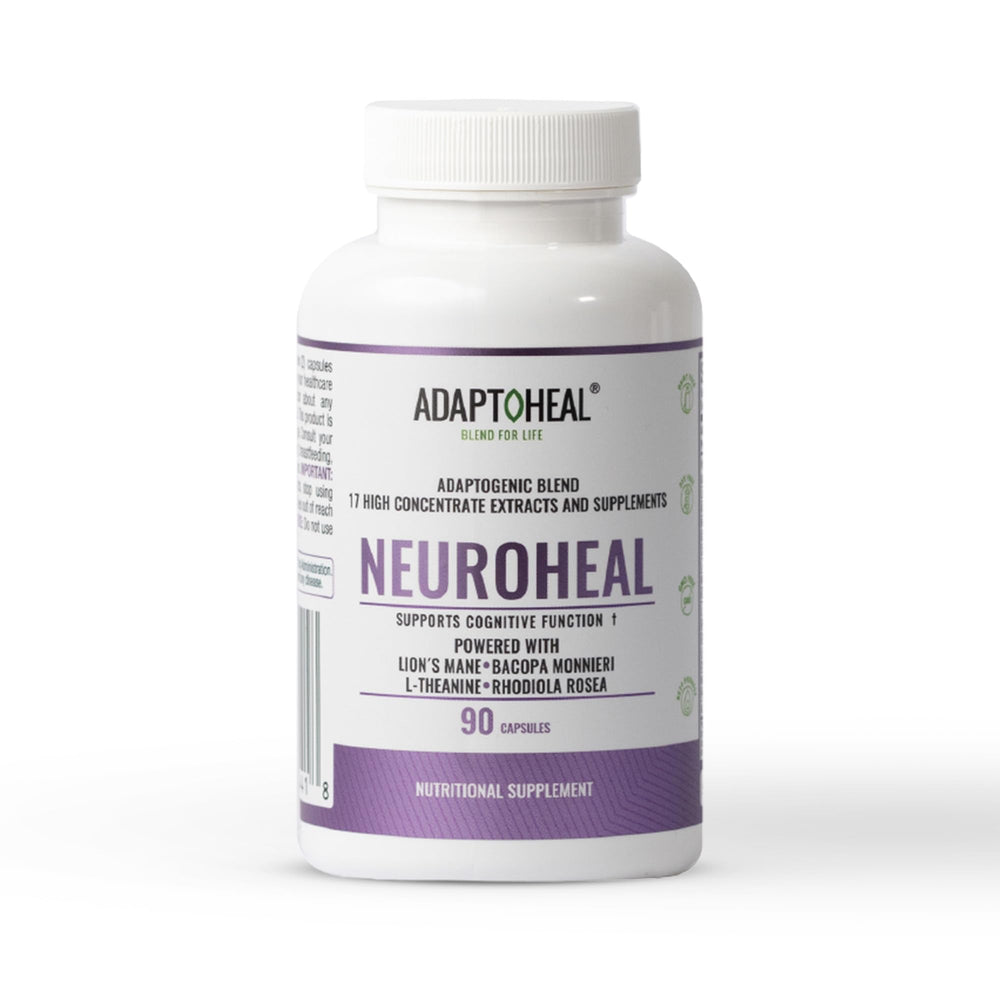 ADAPTOHEAL NeuroHeal bottle front view highlighting premium nootropic formula for daily focus