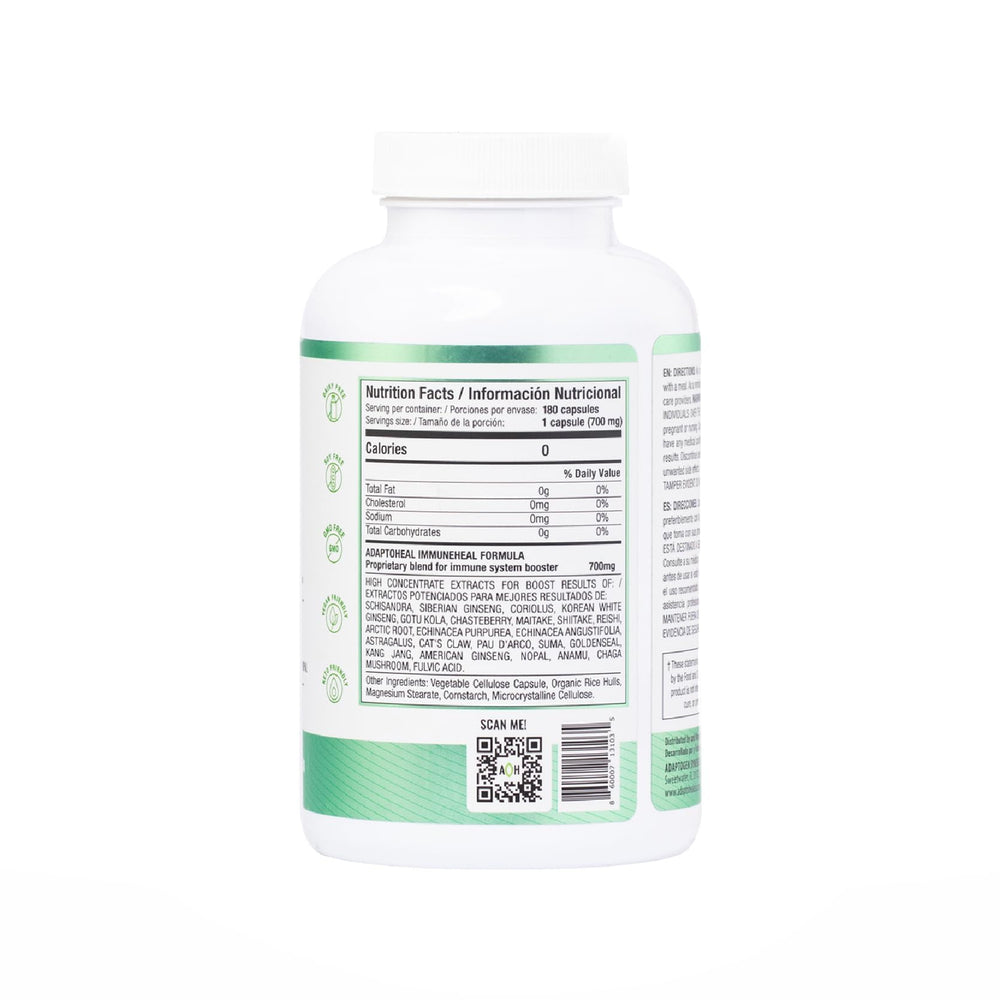ADAPTOHEAL Immuneheal label with 180 capsules count visible.