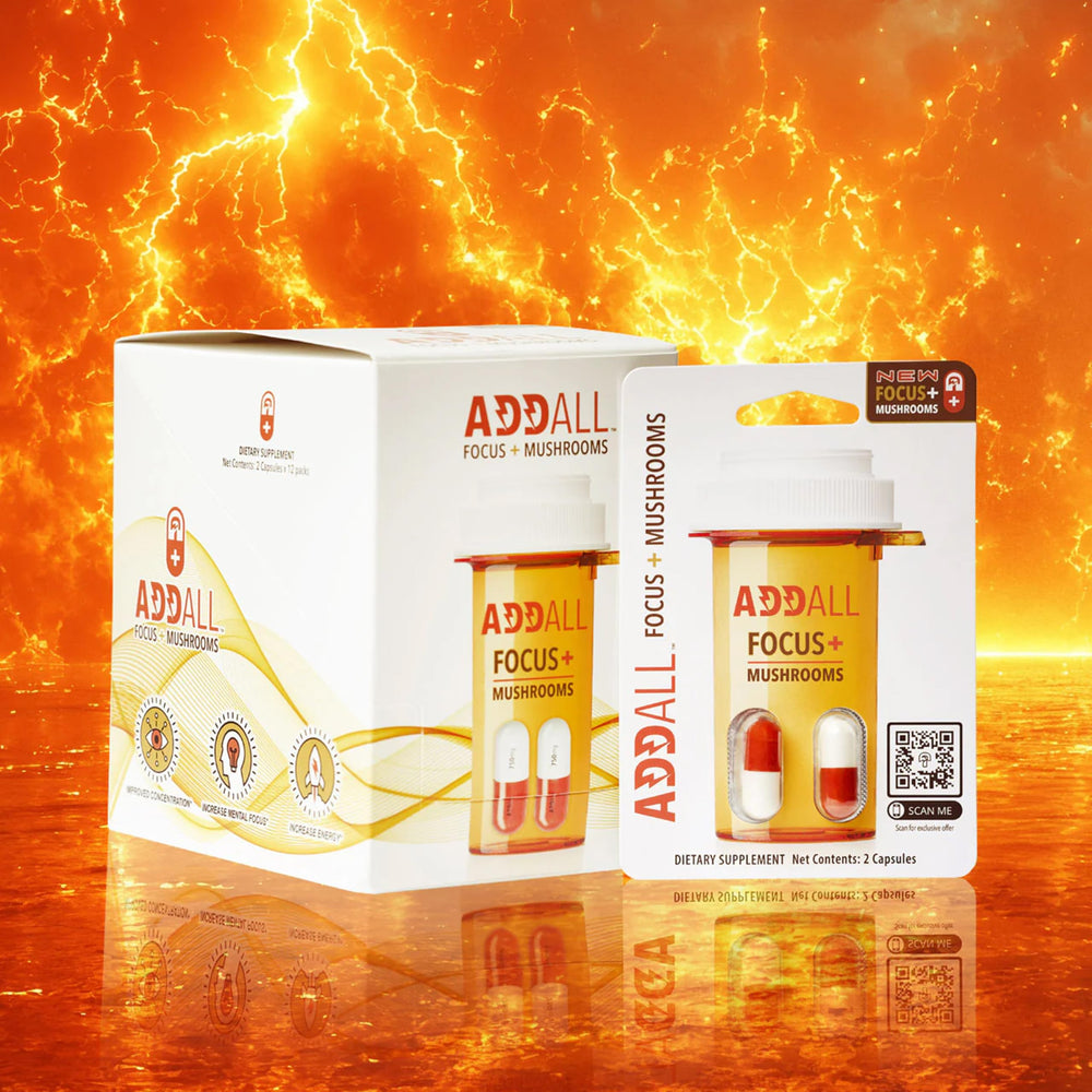 Addall Focus + Mushrooms on-the-go pack supports travel-friendly brain boost.