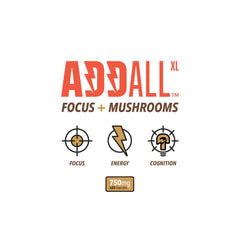 Addall Focus + Mushrooms packaging highlighting premium science-backed formula