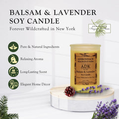 Closeup of the ADK Balsam and Lavender label on a candle jar