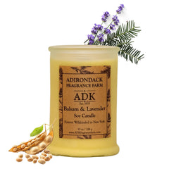 ADK Balsam and Lavender Candle in a glass jar offering a calming woodsy aroma