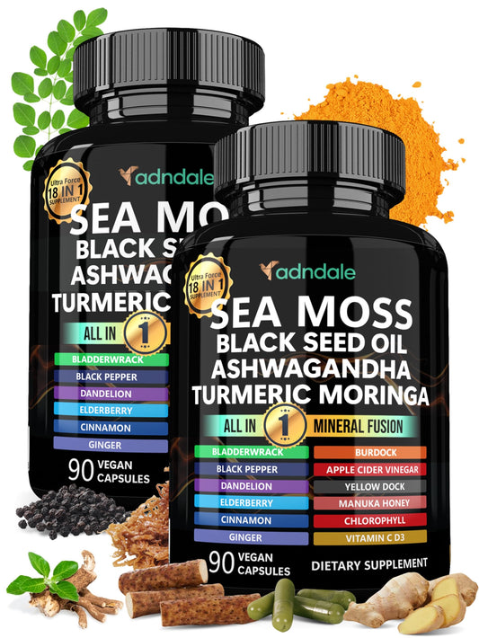 Adndale Sea Moss Capsules bottle with 18-in-1 blend for energy and wellness.