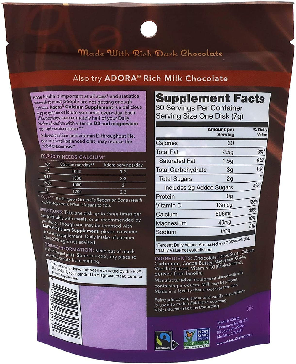 Adora Calcium packaging box showing gluten-free and non-GMO formula and everyday convenience.