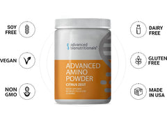Advanced Amino Powder glass with shaker communicates sustained energy during workouts