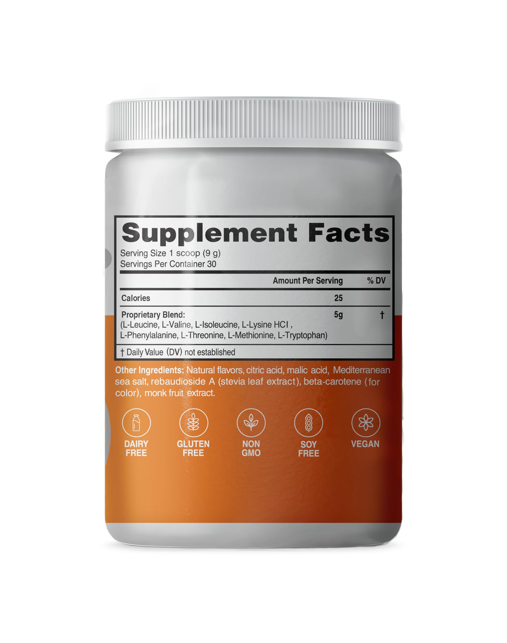 Advanced Amino Powder label closeup highlights vegan and allergen-free formulation