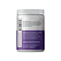 Close-up of Advanced Amino Powder ingredients list and allergen-free claims on label.